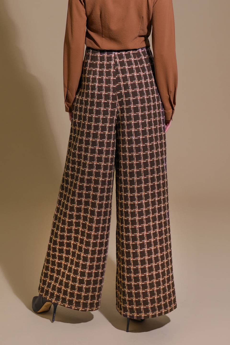 Gingham/Lined Wide-Leg Pants
