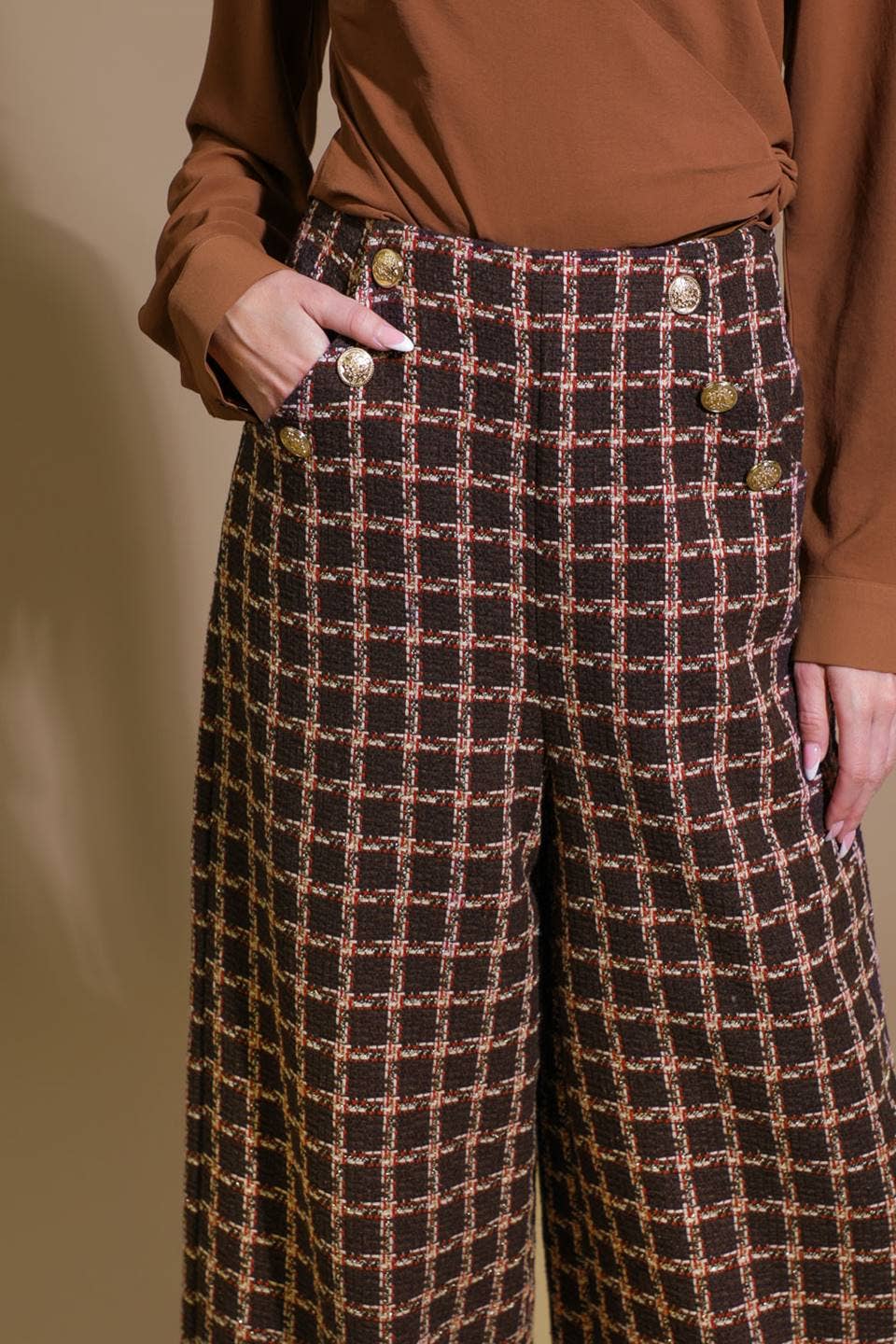 Gingham/Lined Wide-Leg Pants