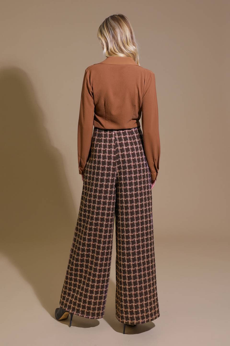 Gingham/Lined Wide-Leg Pants