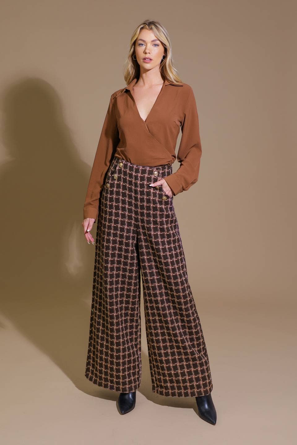 Gingham/Lined Wide-Leg Pants