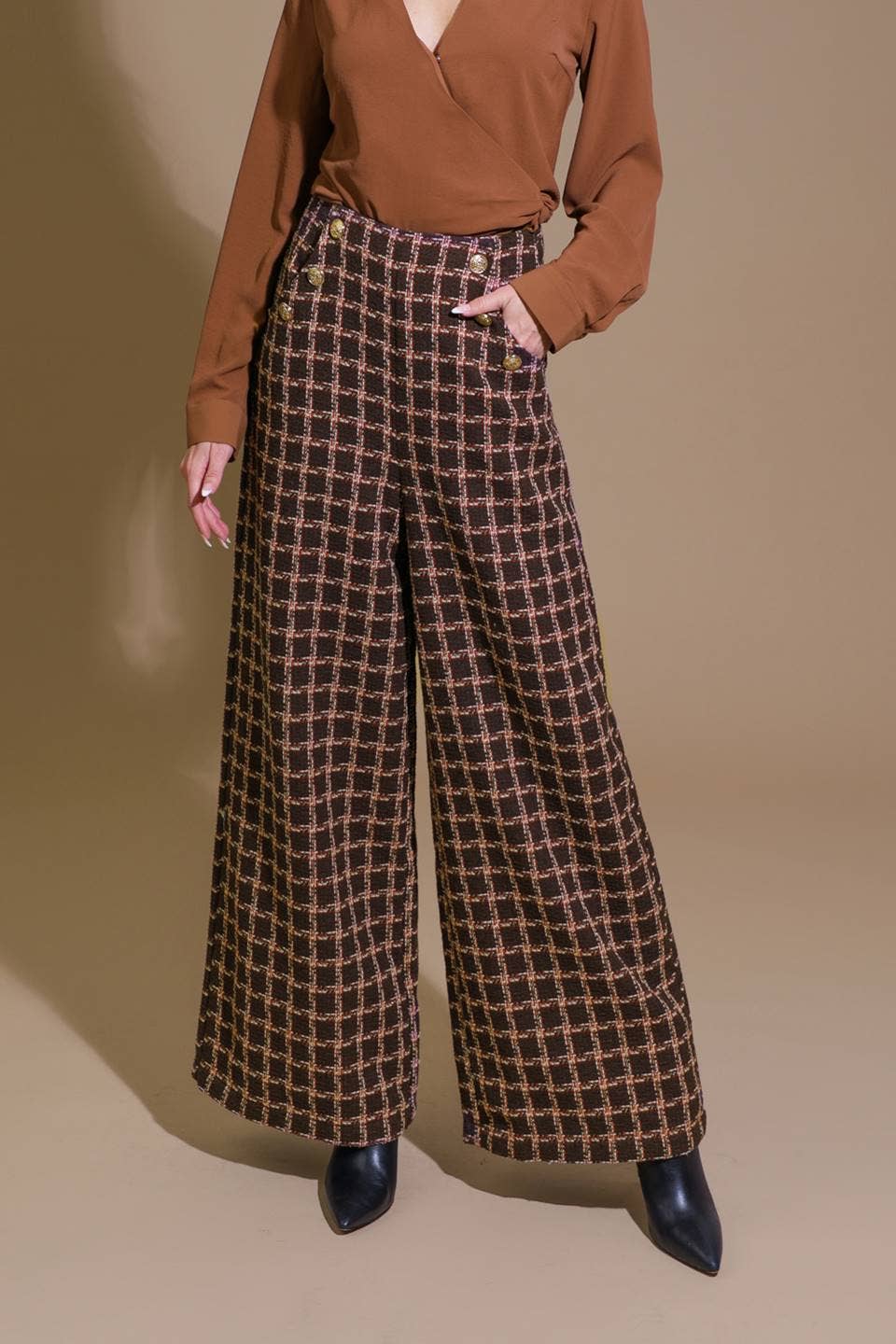 Gingham/Lined Wide-Leg Pants