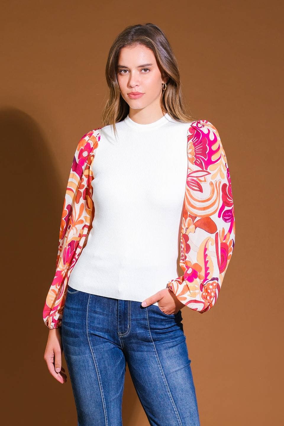 Ribbed Sweater Floral Printed Combination Top