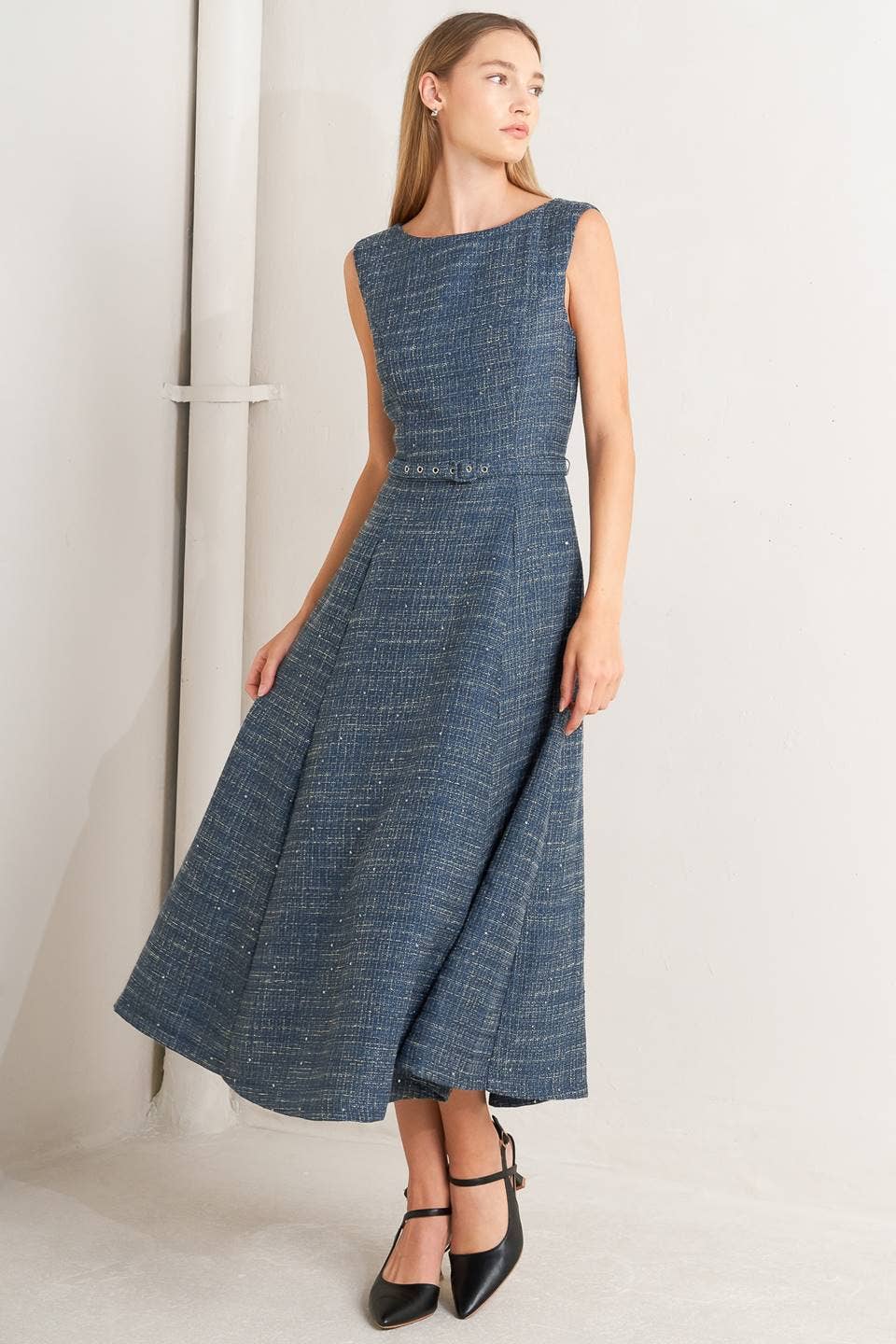 Sleeveless Tweed Midi Dress