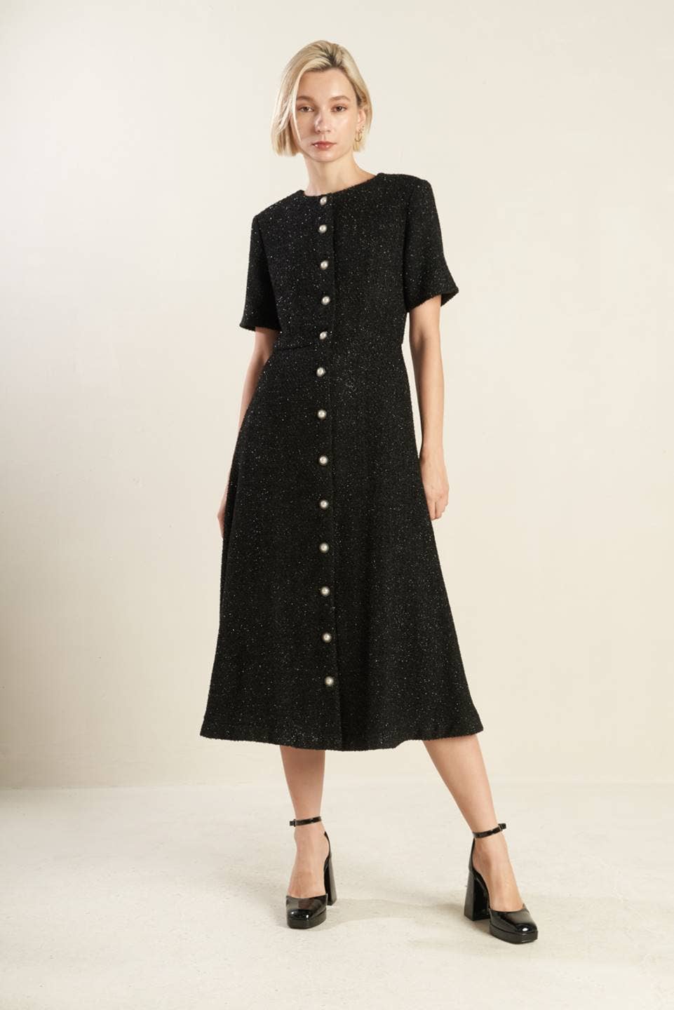 black tweed midi dress Elegant Tweed Midi Dress