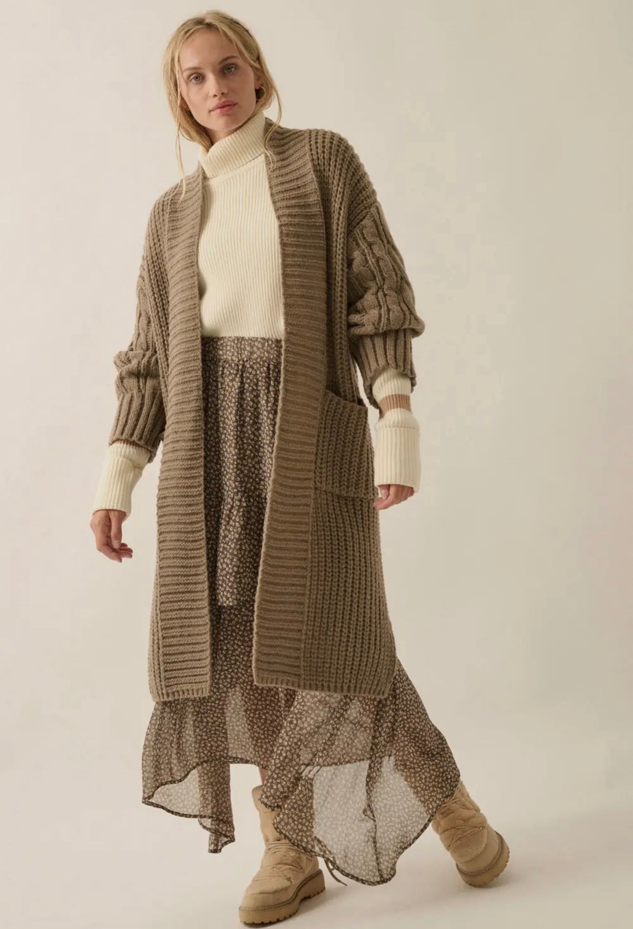 Open Front Cable Knit Long Cardigan