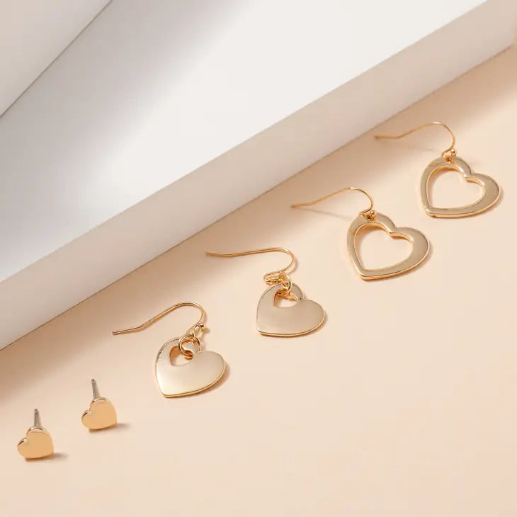 Gold Metal Heart Earrings Set