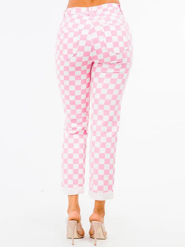 High Waist Checker Print Pink Pants