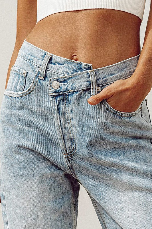 Asymmetric Hem Wrap Denim Jeans