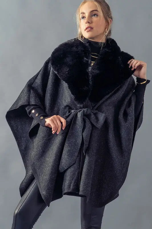 Elegant Fur Collar Belted Batwing Midi Coat
