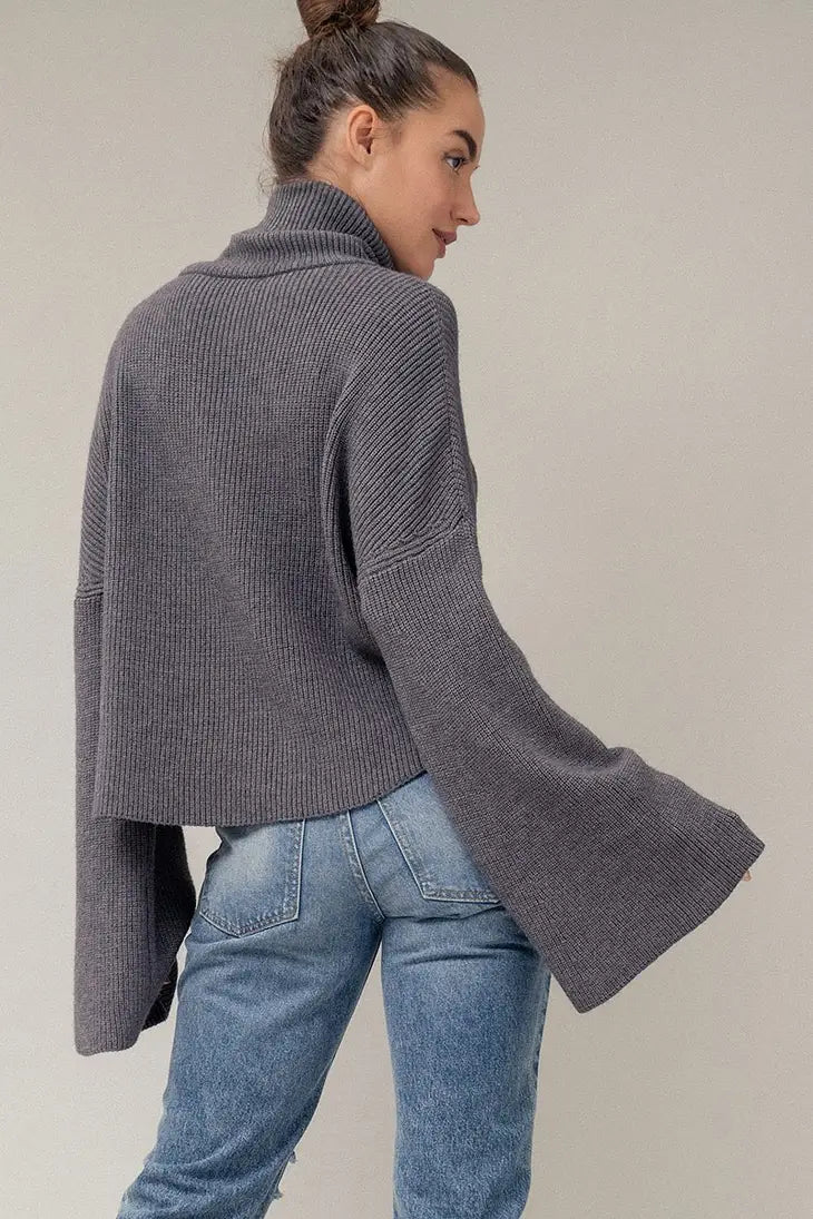 Turtleneck Bell Sleeve Rib Knit Boxy Crop Sweater