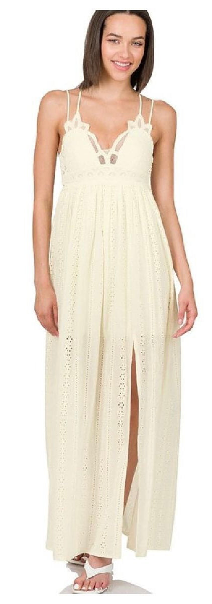 Crochet Lace Maxi Dress with Slit and Crisscross Back
