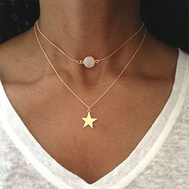 Druzy Star Pendant Layered Necklace