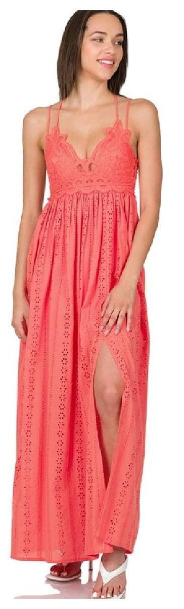 Crochet Lace Maxi Dress with Slit and Crisscross Back