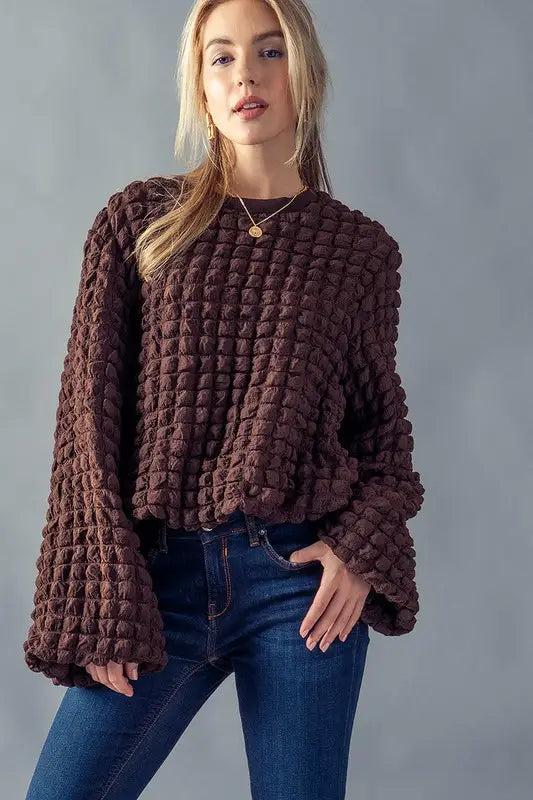Chunky Waffle Textured Crop Knit Sweater